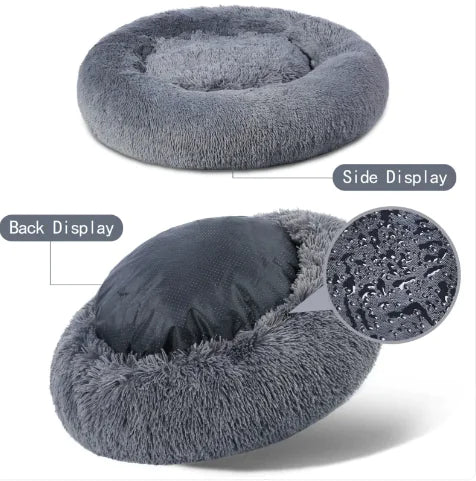 Fluffy Donut Pet Bed by Krystina Trendify, plush and calming design, machine washable, available in multiple sizes for pets.