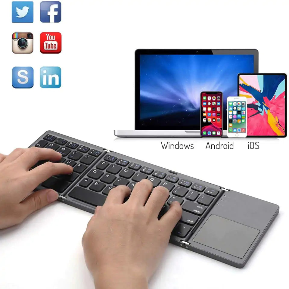 Portable Bluetooth keyboard by Krystina Trendify with touchpad, foldable design, and USB rechargeable feature.