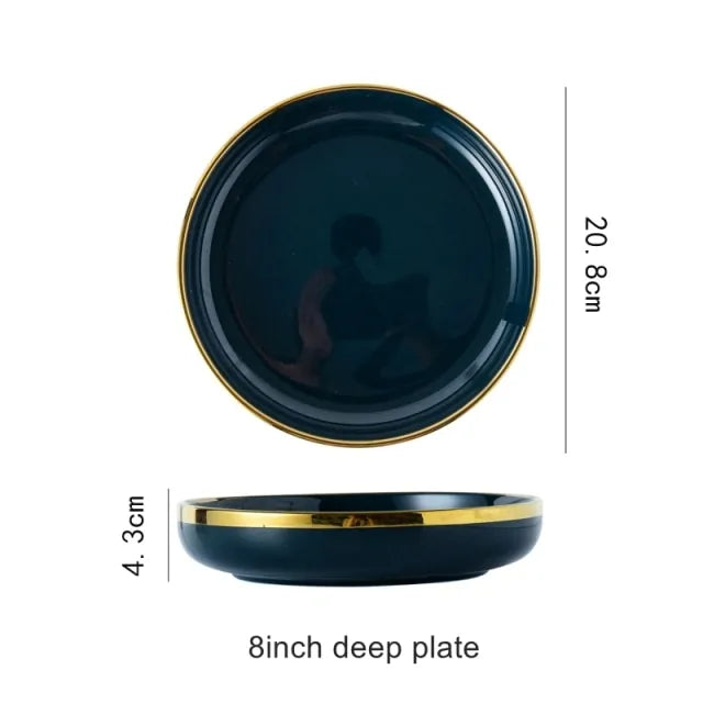 Blue porcelain dinner plates with golden rim for elegant dining