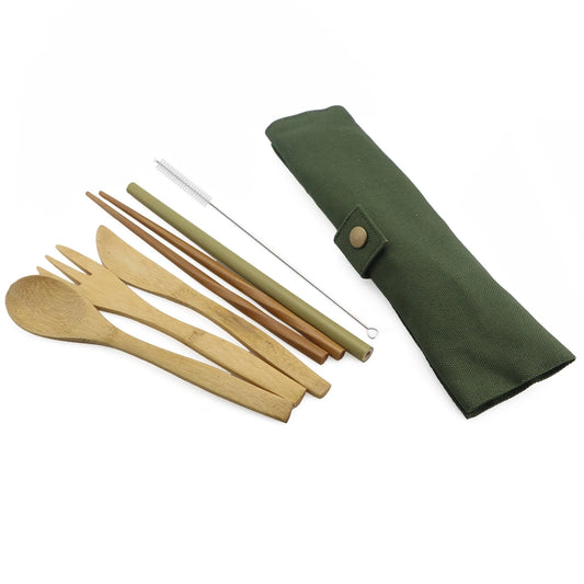 Premium bamboo cutlery set with utensils, chopsticks, straws, and a carrying bag.