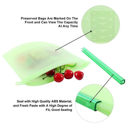 Eco-friendly, leak-proof reusable silicone food bag for kitchen storage and meal prep.