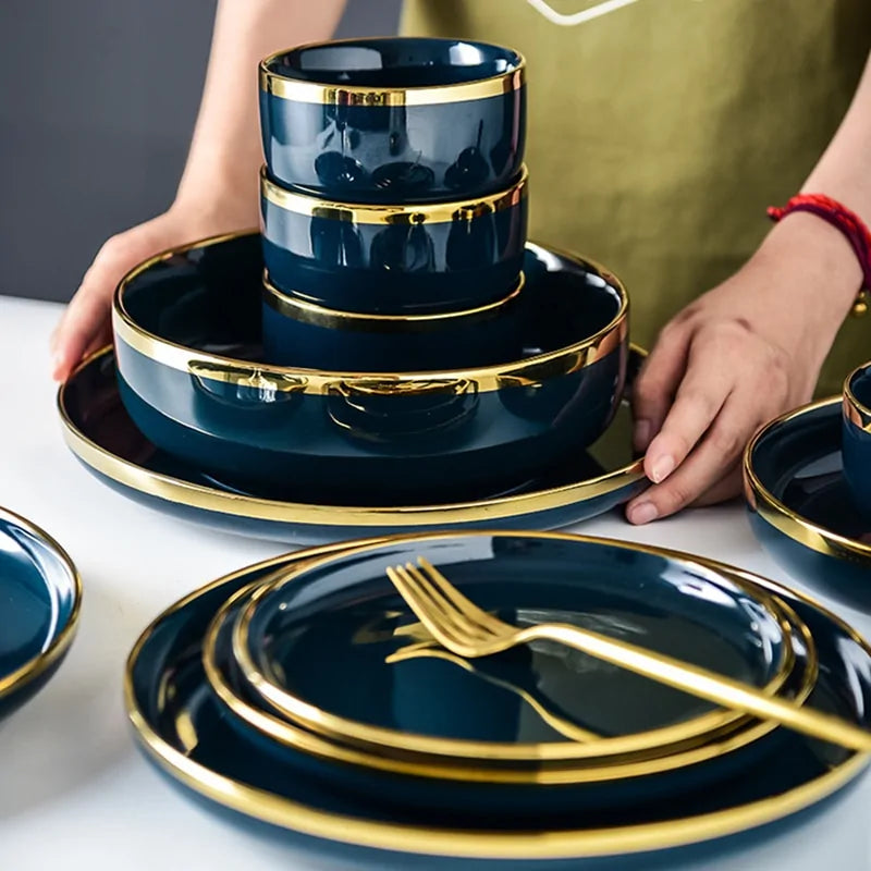 Blue porcelain dinner plates with golden rim for elegant dining