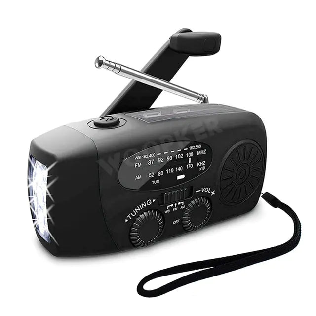 Multifunction emergency radio flashlight with solar, USB, and hand-crank power by WOOPKER