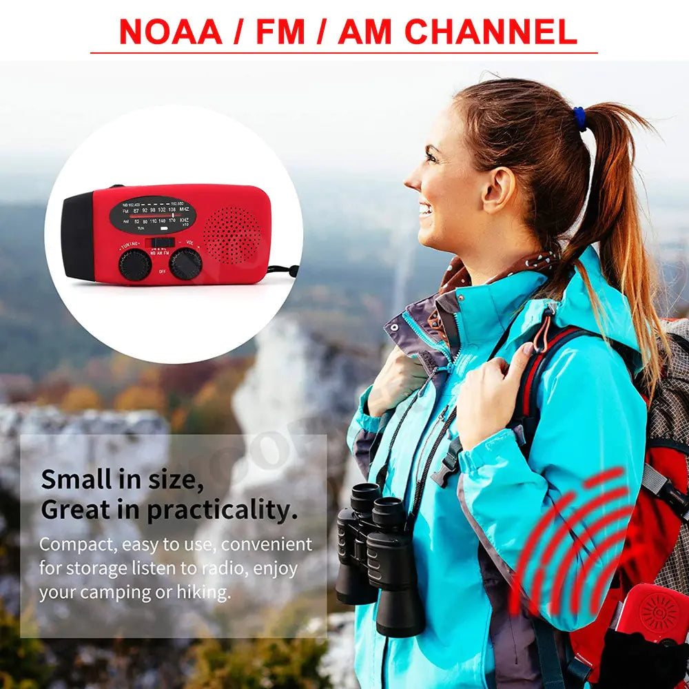 Multifunction emergency radio flashlight with solar, USB, and hand-crank power by WOOPKER