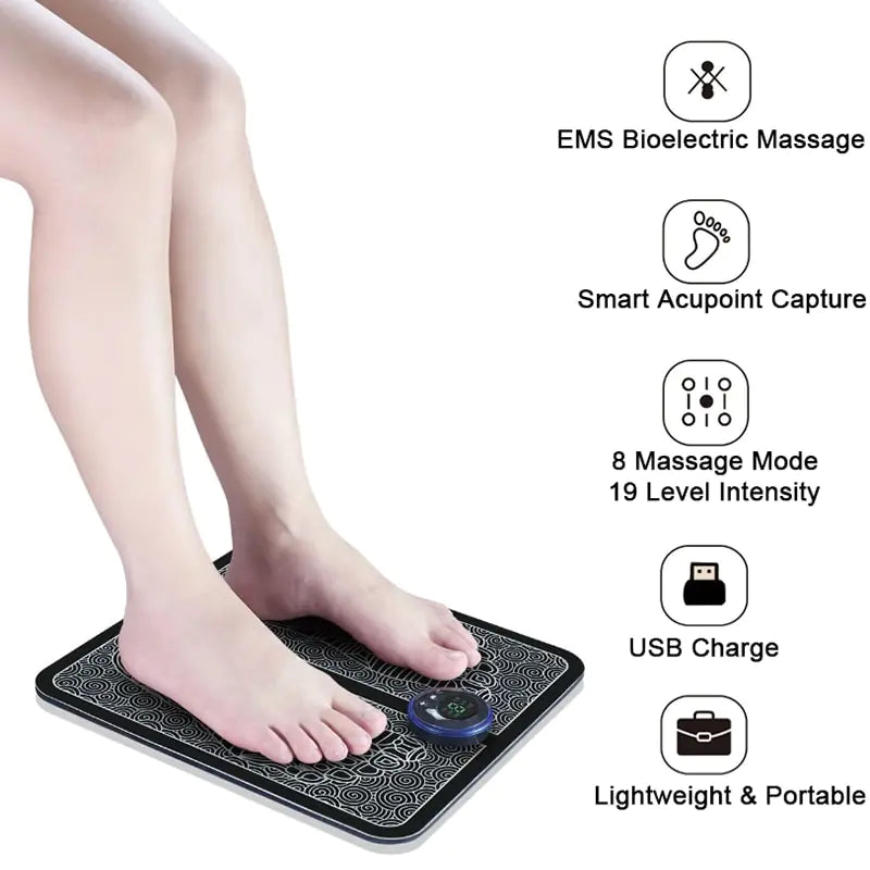 Foot Massager with EMS, 8 modes, and USB rechargeable design for soothing relief.