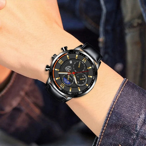 Men’s casual leather watch with quartz movement