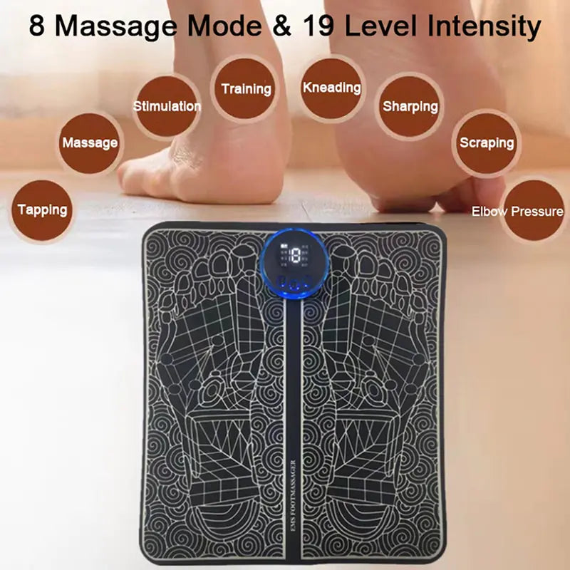 Foot Massager with EMS, 8 modes, and USB rechargeable design for soothing relief.