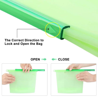 Eco-friendly, leak-proof reusable silicone food bag for kitchen storage and meal prep.