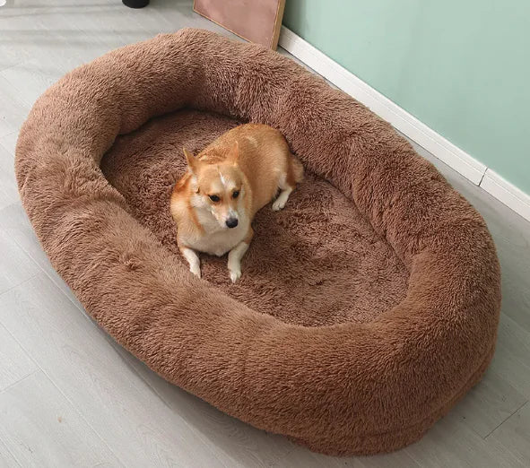 Person Dog Bed by Krystina Trendify, available in 4XL, 5XL, and 6XL sizes, made from soft PV Plush and PP Cotton for ultimate pet comfort.