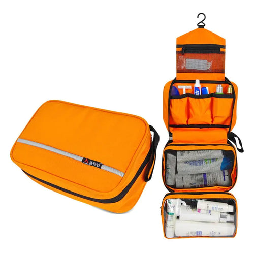 Durable hanging toiletry bag with clear compartments and sturdy hook for travel organization.