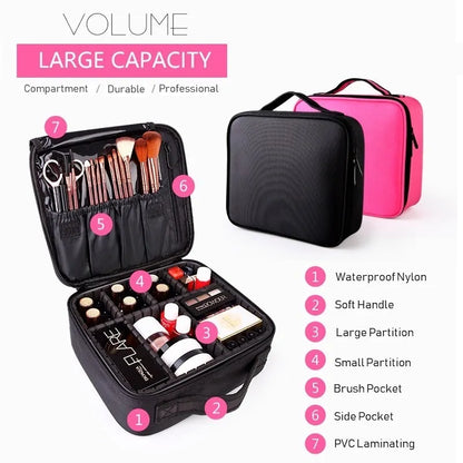 Spacious and stylish professional women's toiletry bag for cosmetics and travel essentials.