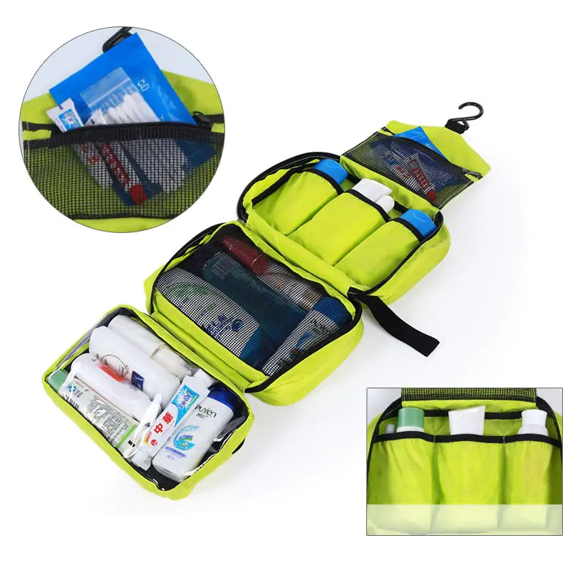 Durable hanging toiletry bag with clear compartments and sturdy hook for travel organization.