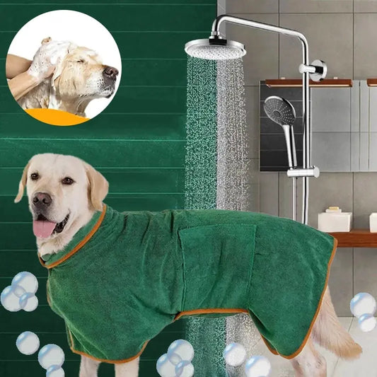 Microfiber absorbent pet drying coat for post-bath or rainy day comfort.