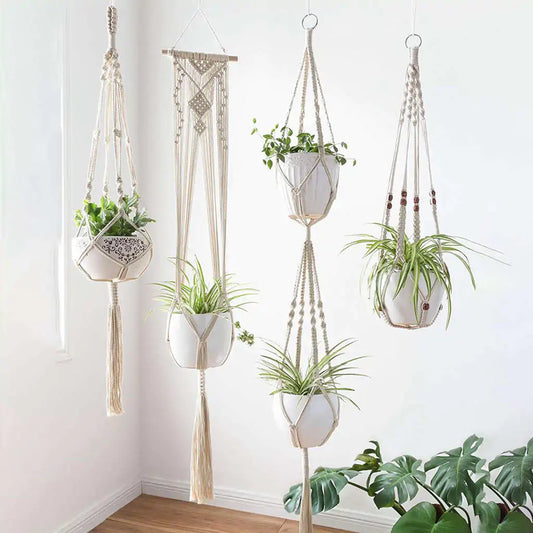 Handcrafted macrame plant hangers by Krystina Trendify, adding boho charm to your home decor.