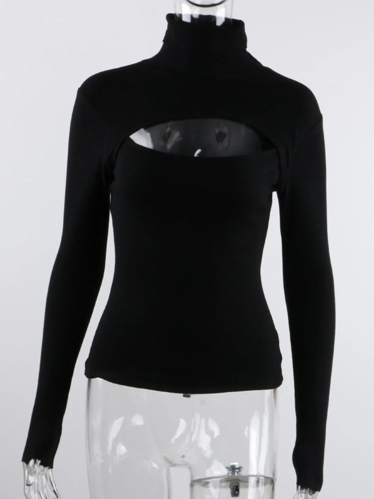 Hollowed-out turtleneck sweater by Krystina Trendify with rib-knit texture and chic cutout design.