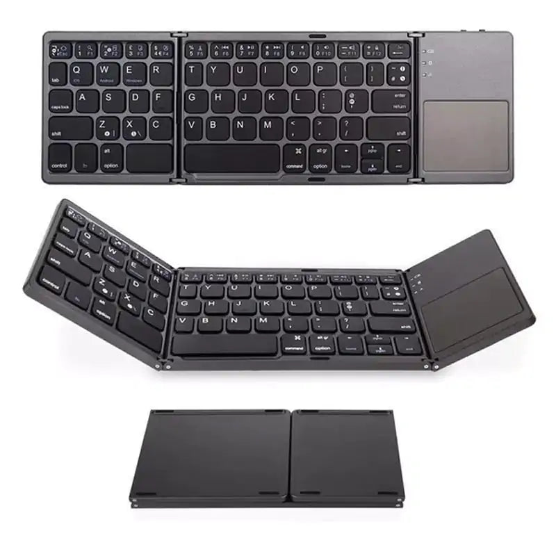 Portable Bluetooth keyboard by Krystina Trendify with touchpad, foldable design, and USB rechargeable feature.