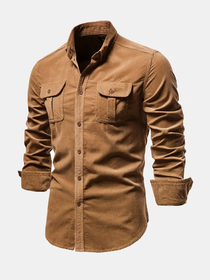 Button-up corduroy long sleeve shirt by Krystina Trendify, perfect for casual and formal occasions.