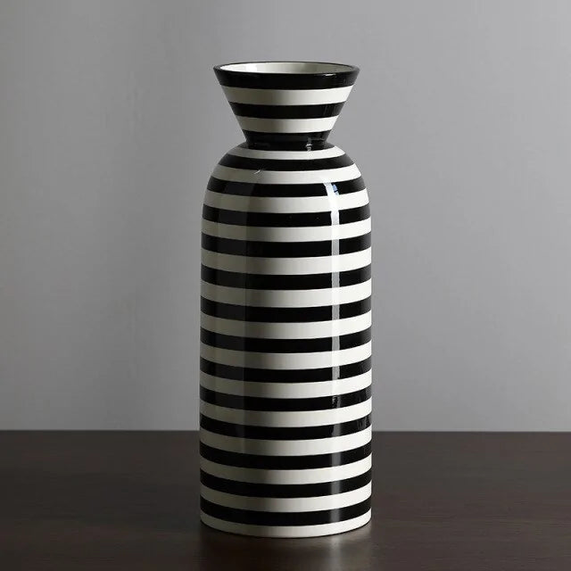 Black & white striped ceramic flower vase, blending style and functionality