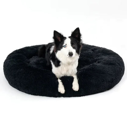 Fluffy Donut Pet Bed by Krystina Trendify, plush and calming design, machine washable, available in multiple sizes for pets.