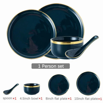 Blue porcelain dinner plates with golden rim for elegant dining