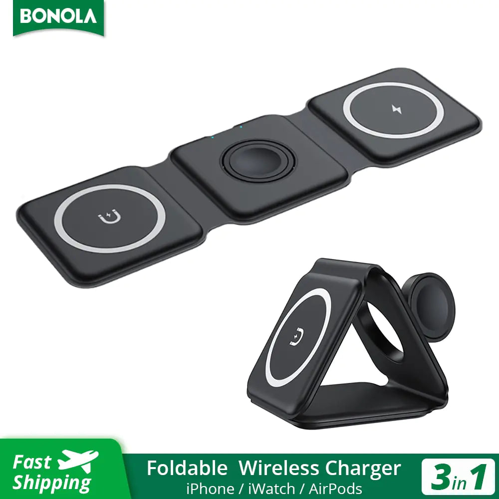 Foldable wireless charger by BONOLA for charging multiple devices efficiently.