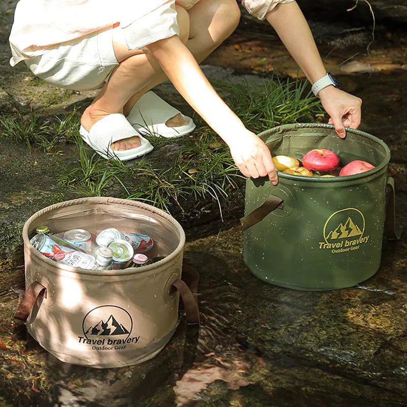 Portable folding bucket by Travel Bravery for camping and hiking