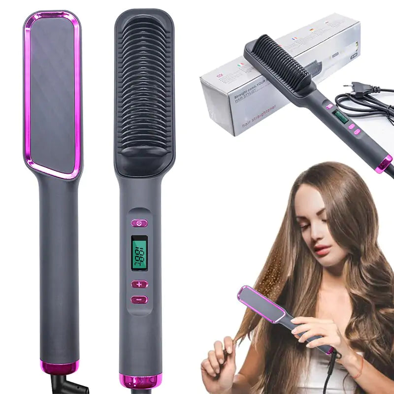 3-in-1 Straightening & Curly Iron Brush for sleek hair and voluminous curls