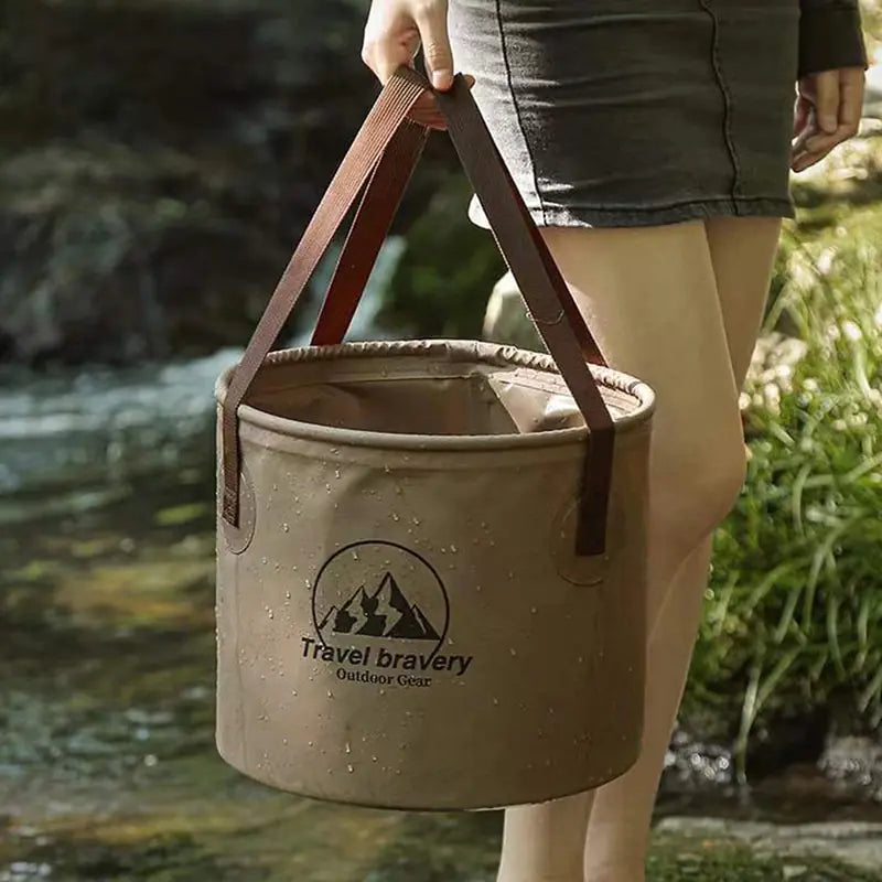 Portable folding bucket by Travel Bravery for camping and hiking