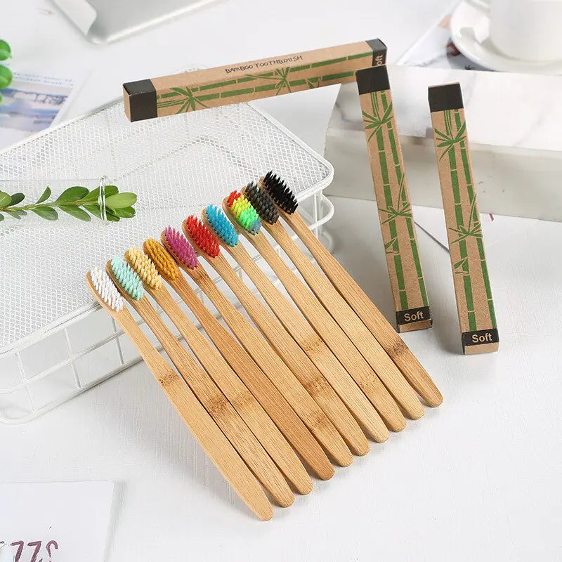 Eco-friendly bamboo toothbrushes with charcoal bristles, BPA-free, water-resistant, pack of 10.