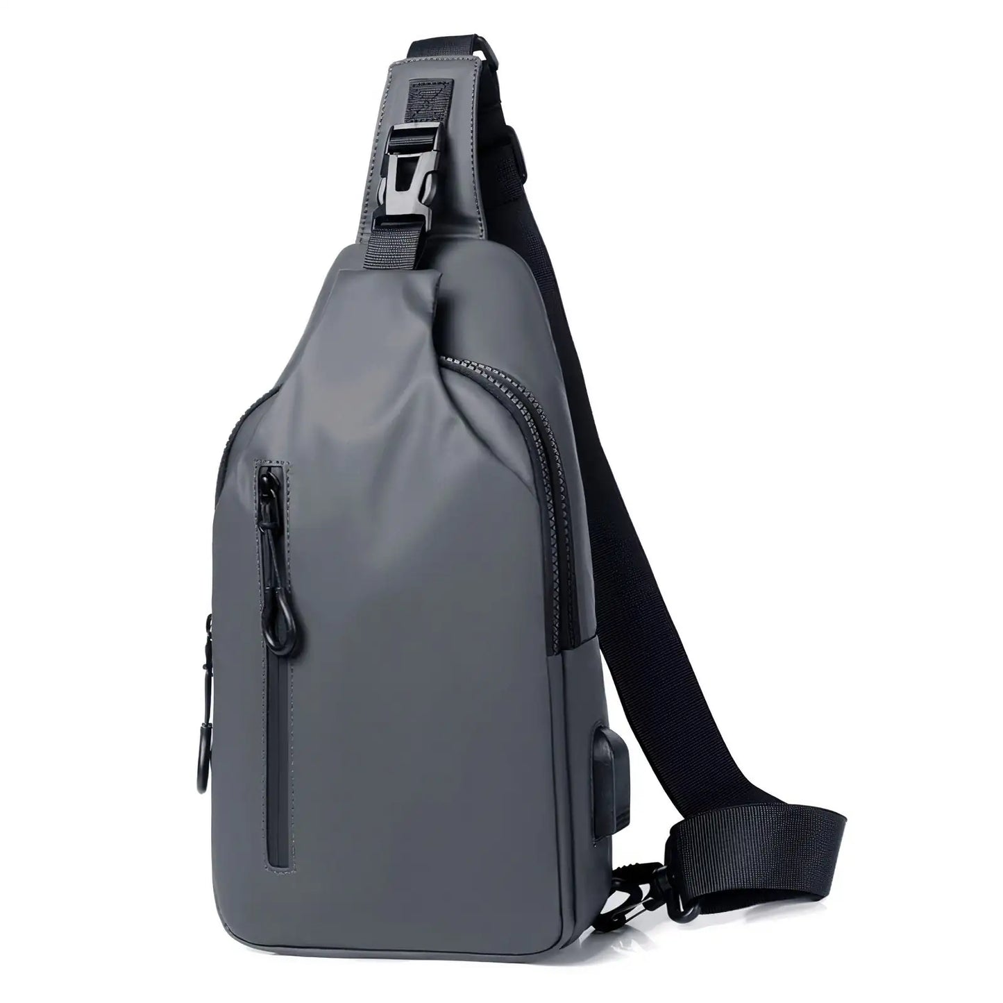 Sleek crossbody sling bag with hidden zippers, USB charging port, and adjustable strap.
