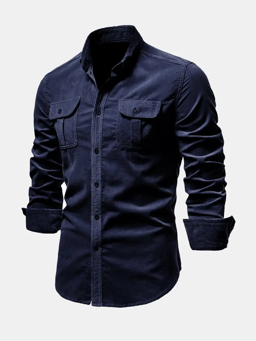 Button-up corduroy long sleeve shirt by Krystina Trendify, perfect for casual and formal occasions.