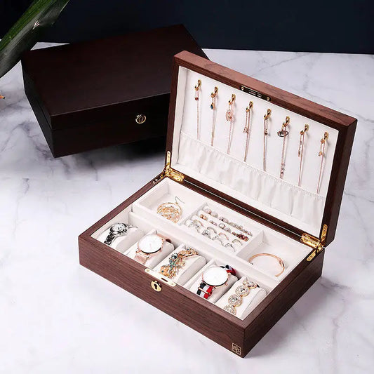 Wooden jewelry box by Krystina Trendify with multiple compartments and a sophisticated design, perfect for organizing and decorating any room.