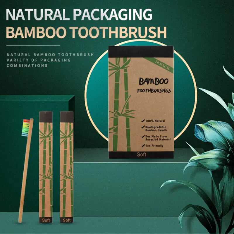 Eco-friendly bamboo toothbrushes with charcoal bristles, BPA-free, water-resistant, pack of 10.