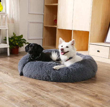 Fluffy Donut Pet Bed by Krystina Trendify, plush and calming design, machine washable, available in multiple sizes for pets.