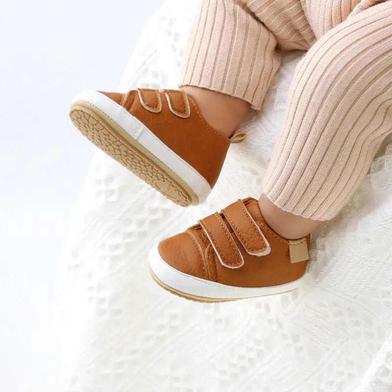 Colorful retro baby leather shoes with non-slip soles by Krystina Trendify.