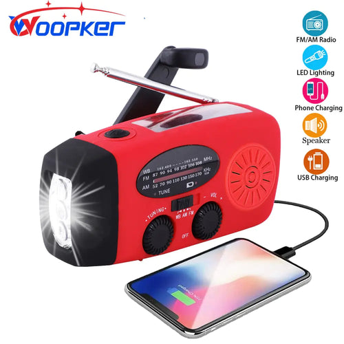 Multifunction emergency radio flashlight with solar, USB, and hand-crank power by WOOPKER