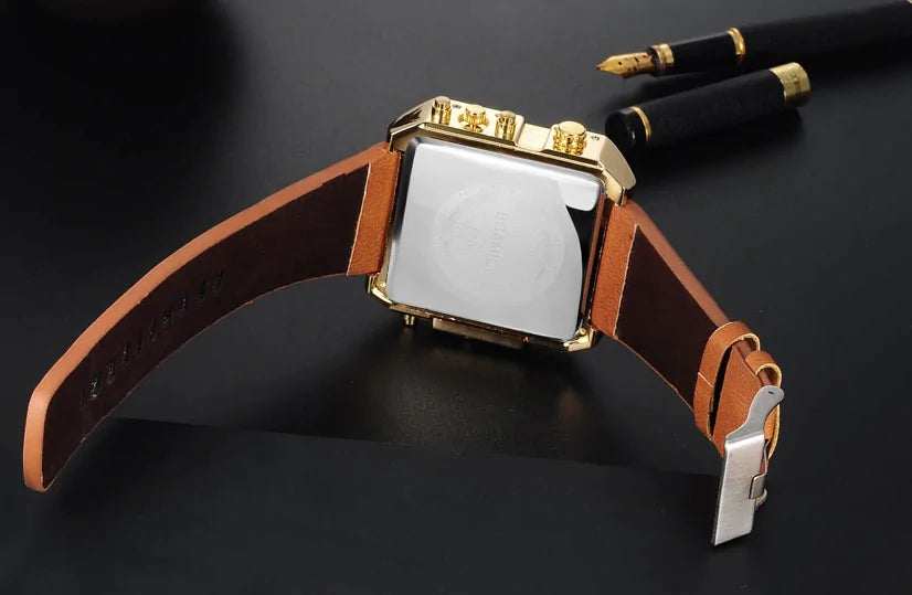 Elegant square dial wristwatch with genuine leather strap