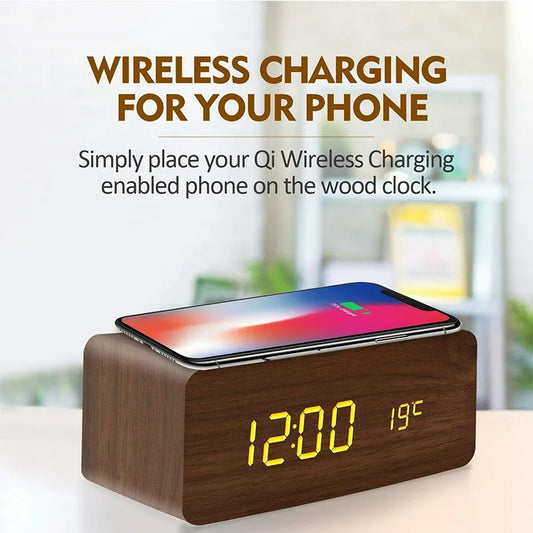 Wooden digital alarm clock by Krystina Trendify with wireless charging, time, date, and temperature display, perfect for home or office.