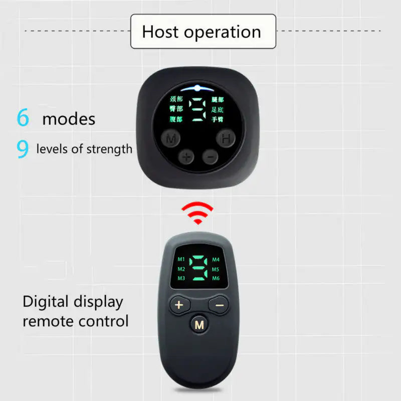 Electric pad muscle stimulator with 6 modes and portable design for workouts and recovery.