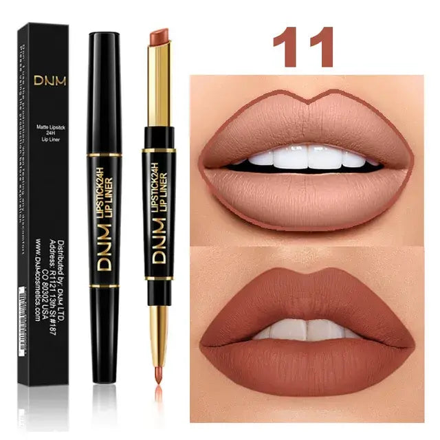 Double-Ended Matte Lipstick from DNM with waterproof, long-lasting color and lip liner for definition.
