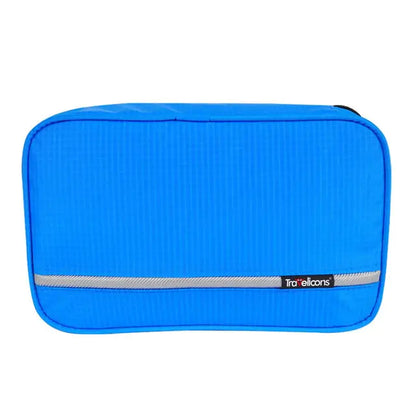 Durable hanging toiletry bag with clear compartments and sturdy hook for travel organization.