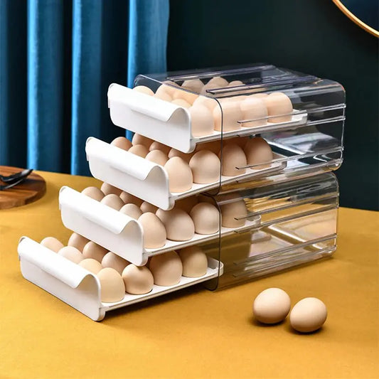 Egg storage organizer holding up to 32 eggs, made from durable food-grade plastic with a stackable design.