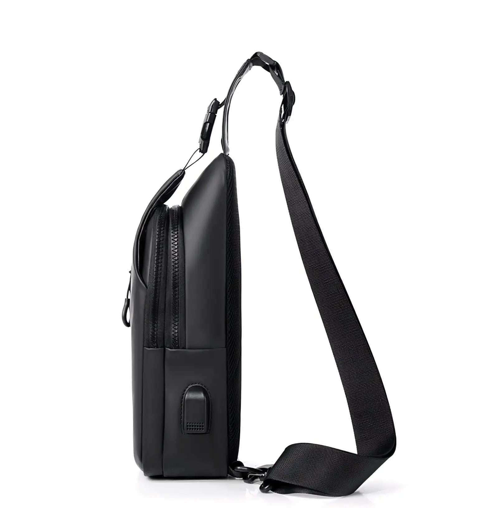 Sleek crossbody sling bag with hidden zippers, USB charging port, and adjustable strap.
