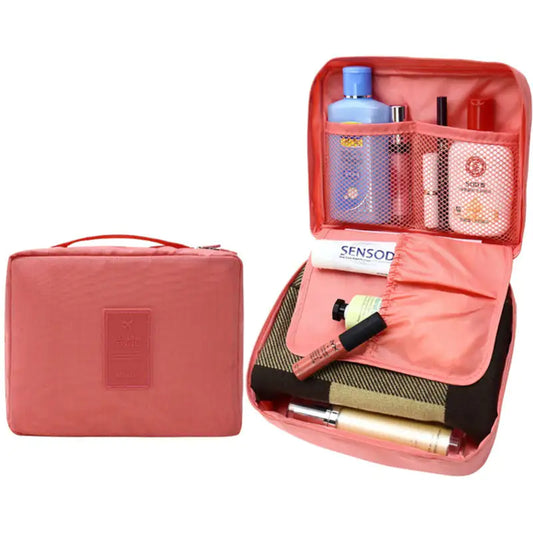 Pink travel makeup organizer by Krystina Trendify with multiple compartments