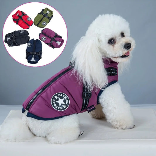 Waterproof pet harness with quilted padding and reflective strips for comfort and safety.