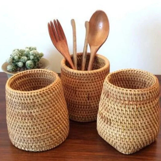 Eco-friendly handwoven rattan pen holder for stylish desk organization