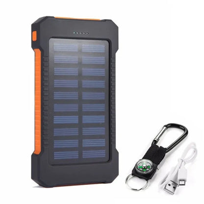 Waterproof solar power bank with 20000mAh capacity, dual USB ports, LED light, and compass for outdoor use.