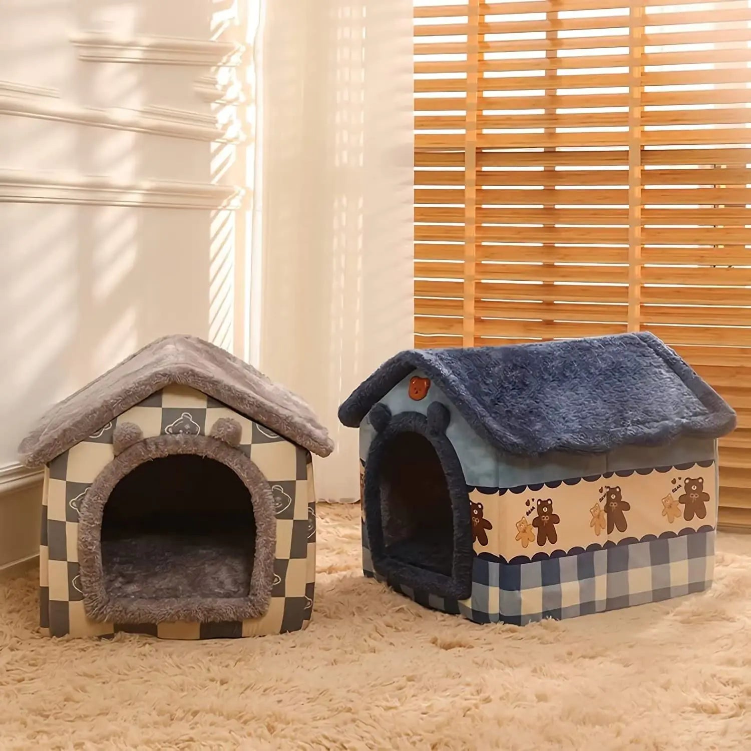 Foldable pet house made of velvet and PP cotton for comfort and stability by Krystina Trendify