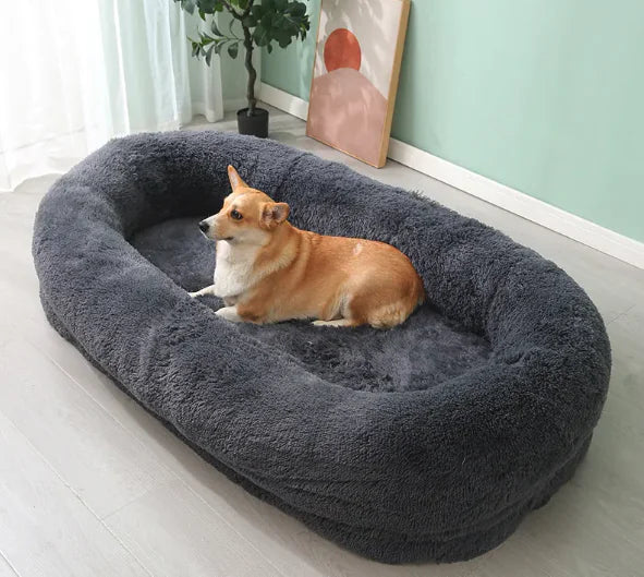 Person Dog Bed by Krystina Trendify, available in 4XL, 5XL, and 6XL sizes, made from soft PV Plush and PP Cotton for ultimate pet comfort.