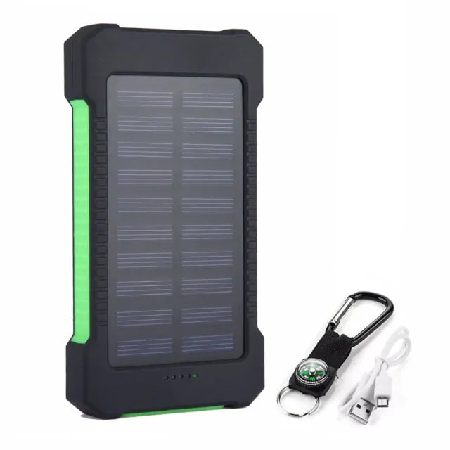 Waterproof solar power bank with 20000mAh capacity, dual USB ports, LED light, and compass for outdoor use.